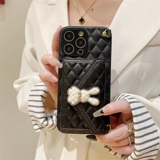 Kushide Xiaoxiangfeng adapté pour Apple 15ProMax étui de téléphone portable lapin sac à dos style diamant pièce de monnaie étui à cartes 15Pro portable bandoulière housse de protection Xiaoxiangfeng lapin diamant sac à bandoulière-noir-chaîne longue et courte iPhone14pro