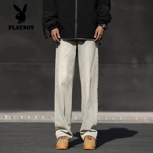 Playboy (PLAYBOY) Smoke Gray Jeans Men's Autumn 2025 Autumn and Winter New American Loose Straight Casual Long Pants Retro Trendy Brand ME Black