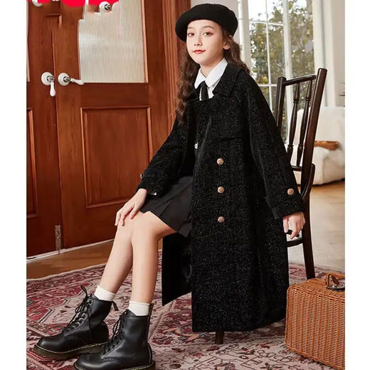 Disney (Disney) Girls Woolen Coat Autumn and Winter Mid-Length Children's Woolen Coat Women 2025 New Style Korean Style Big Children Thickened Black (Padding Style) 150