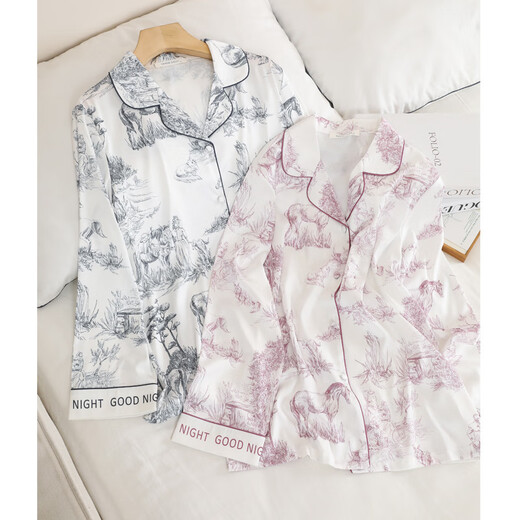 Pajamas estampados de solapa de manga larga de seda yamulan para mujeres en primavera y otoño nuevo estilo para ropa para al aire libre juego de ropa para el hogar estilo otoño 9854# tinta negra m