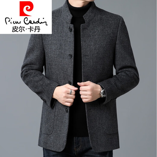 Pierre Cardin double-sided cashmere jacket middle-aged men's casual short lapel woolen coat parka 11207 gray stand-up collar diagonal pockets 175/92A
