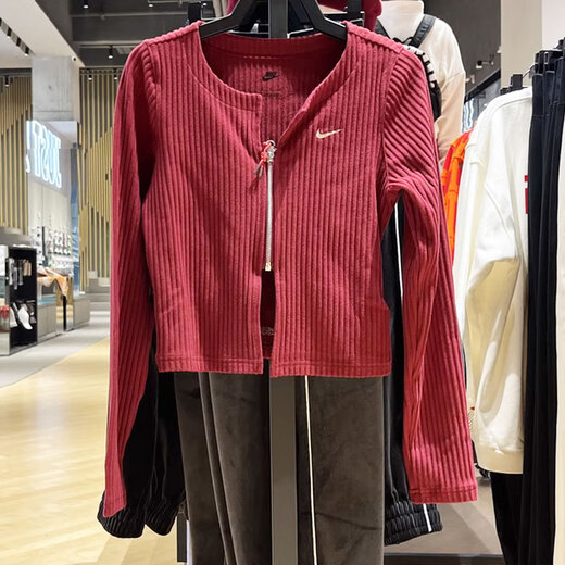 Nike (NIKE) jacket women's spring and autumn V-neck slim fish bone waist-hugging sportswear long T-shirt top HV8459-677 dark red XS