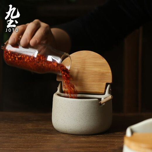 Jiutu retro seasoning jar, salt jar, kitchen household ceramic salt, MSG seasoning box with lid, spoon, seasoning jar, high-looking, rough ceramic model (comes with ceramic spoon, sticker)