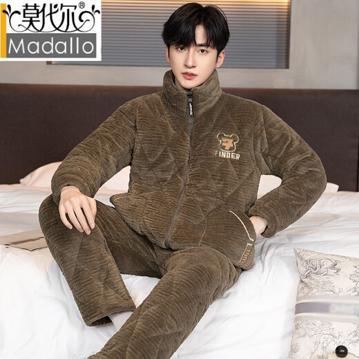 Modaler Herren-Pyjama, dreilagiger, gesteppter Korallensamt, verdickt, plus samtwarmes Flanell, großes Heimkleidungsset, kann draußen getragen werden, 9913# dunkelgrau, XL empfohlen (120–140 Jin Jin entspricht 0,5 kg)