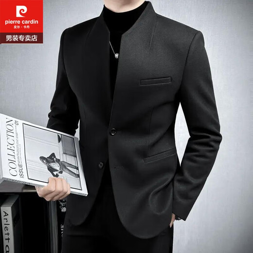 Pierre Cardin improved tunic men's suit spring and autumn new casual woolen stand collar Chinese casual suit men's black 2XL
