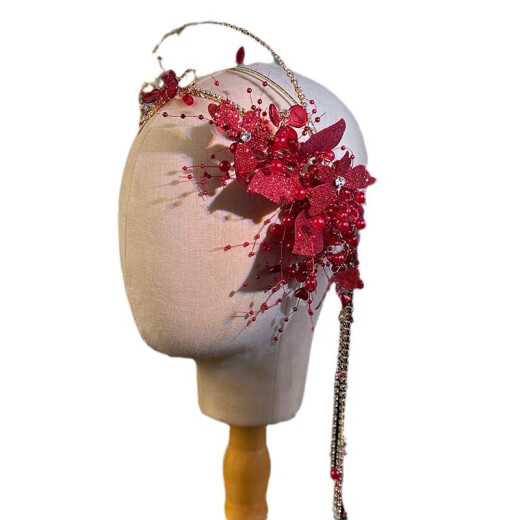 Meng Junchen bridal tiara red saint crown toasting suit wedding dress accessories handmade butterfly tassel headband earrings set 2# rice beads