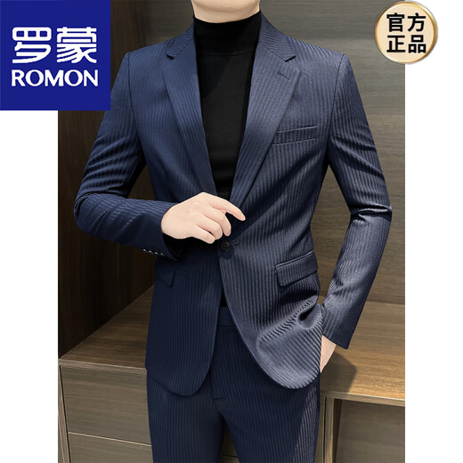 ROMON striped suit jacket men's autumn and winter 2025 new high-end business formal casual casual suit navy blue suit + pants 4XL recommended 175Jin Jin equal to within 0.5 kg