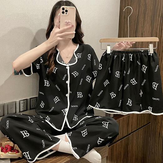 TUM! Ice silk pajamas for women in summer short-sleeved shorts trousers thin large size 200 Jin [Jin equals 0.5 kg] Fat MM loose three-piece set home clothes Yunduo cotton short length xme-1355 green with chest pad M size 80-95 Jin [Jin equals 0.5 kg]