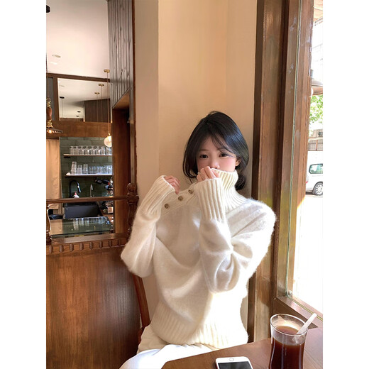 Cantu Korean style lazy half turtleneck sweater women's spring and autumn small loose slim sweater casual tops for women white one size