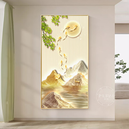 LED灯画九鱼图玄关装饰画2024新款高端入户对门挂画走廊过道壁画 九鱼山峻A款 （包安装）100*200 LED灯画（智能直插28