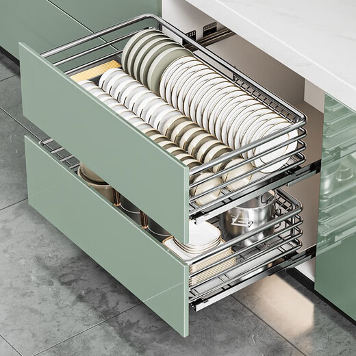Baihan Kitchen Pull Casker Cajón de cajas de tazón Bank Sazimentamiento Cesta de doble capa Cesta 304 Pot de acero inoxidable y estante de plato Doble capa de acero redondo sólido 850 Gabinete [800-830 mm]