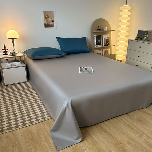 舒炫夏季单件纯色单双人1.5m冰丝丝滑裸睡被单学生宿舍 洛可可-宾利蓝+灰【床单为灰】 230x250cm单件床单+枕套2只