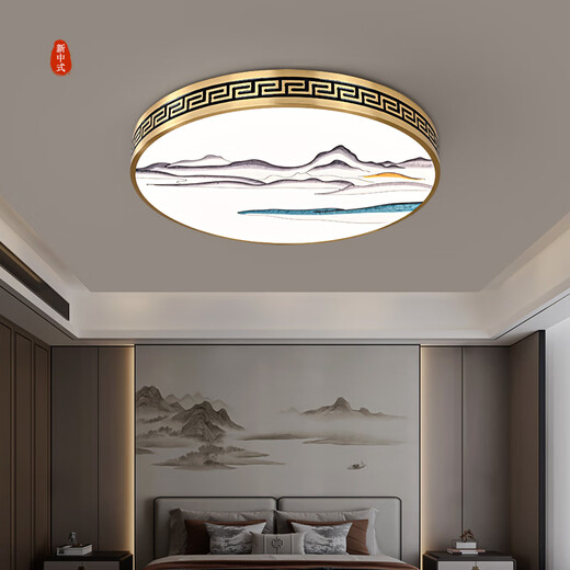 Qianzhang Lamp New Chinese Style Full Copper LED Ceiling Lamp Bedroom Living Room Headlight Study Room Tea Room Zen 2024 New Chinese Style Round 30cm Lotus Rhyme Great Wall 24W
