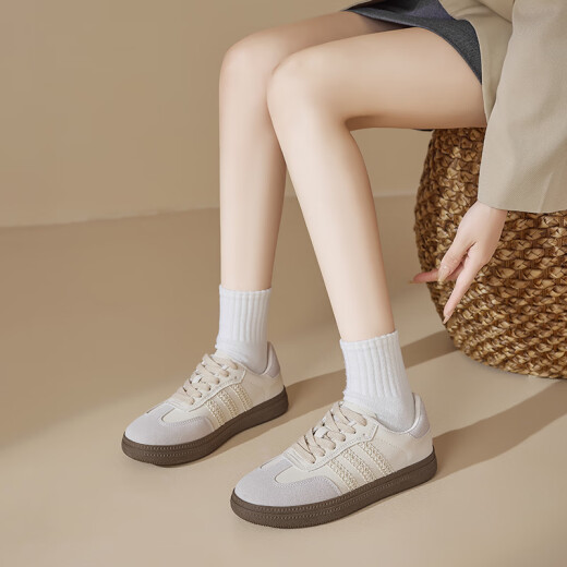奥古狮登银色德训鞋女款2025新款春秋厚底芭蕾板鞋休闲运动小白爆 H14124银色 跟高2.6CM 35