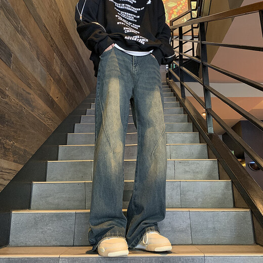 迪伽达美式高街牛仔裤男冬季新款复古车缝线微喇裤潮牌宽松直筒阔腿裤 GJXS-7027蓝色 XL