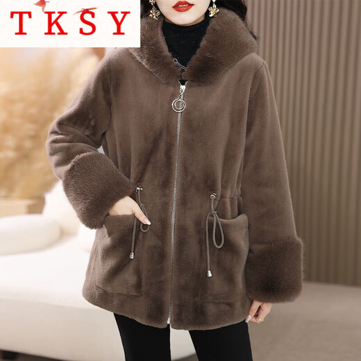 TKSY妈m皮草外套女冬2025新款时尚金貂绒皮毛一体中长款精仿貂皮大衣 咖色 4XL [适合140-165]斤