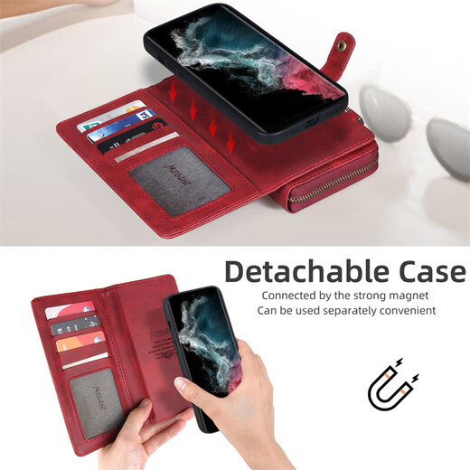 S23ultra Mobiltelefon Hülle Leder schräg Lanyard Samsung S22+ Brieftasche Flip Multifunktionskarte Mezzanine S21FE Full Cover Anti-Fall-Schutzhülle Business Red Samsung S23+