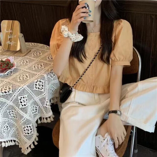 Muyiming (Muyiming) Summer Nueva camisa de manga corta de 2025 rufa para mujeres con cintura alta puede ser salado o dulce jengibre 701 m 95-105Jin [Jin equivale a 0.5 kg]