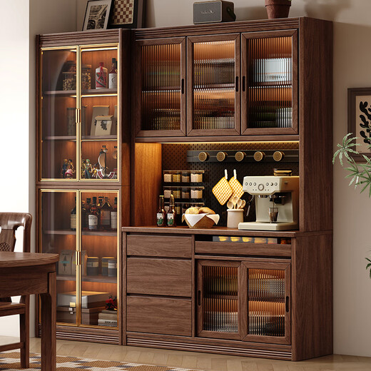 Small wooden sideboard integrated wall cabinet black walnut solid wood wine cabinet living room storage cabinet storage cabinet 1.6 meters three-door sideboard-without light combination
