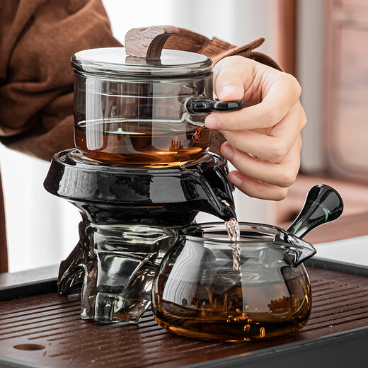 Good Kiln Light Luxury 2025 Glass Automatic Kung Fu Tea Set Household Stone Mill Rotating Lazy Tea Making Artifact Tea Cup Gray-Shi Lai Run Tea Maker