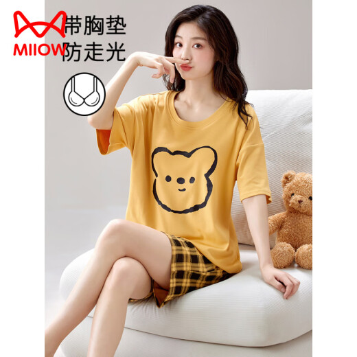 Catman (Miiow) El juego de pijama de manga corta para mujeres de verano viene con ropa para almohadillas integradas para la almohadilla integrada de gran tamaño, algodón puro de verano, se puede usar fuera de GXT1047 m (recomendado 75-95 Jin [Jin iguala 0.5 kg])