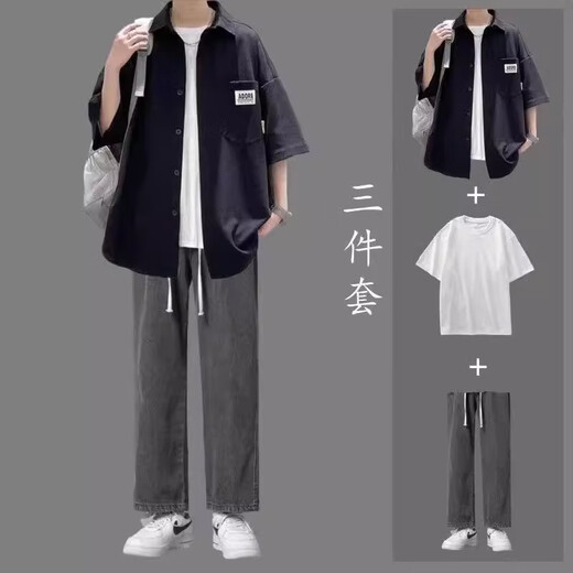 安初夏华夫格短袖t恤男士休闲套装夏季港风痞帅气衣服男装穿搭配三件套 米白外衣+棉白短T+黑灰裤 XL