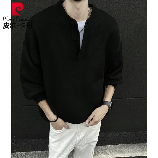 Pierre Cardin American Handsome Henley Collar Sweater Men's 2025 New Autumn and Winter Lazy Feeling Old Money Style Knitted Sweater Jacket Gray M