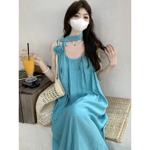 Quchen beach skirt skirt dress vacation style dress seaside dress suspender dress blue dress beach dress (lake blue) M (85-100Jin [Jin equals 0.5 kg])