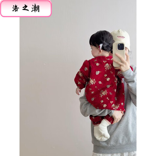 Luo Zhichao baby clothes autumn and winter sweet American style one-year-old girl dress baby new year clothes winter thickened warm jumpsuit red jumpsuit inner velvet 100 52cm