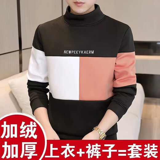 Lianshurou thermal underwear men's velvet thickening suit/tops young students thermal clothing slim half turtleneck autumn clothes long trousers half turtleneck velvet suit English khaki + black pants XL 120-135Jin Jin equals 0.5 kg