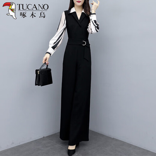 Tucano; Specht Frühlings- und Sommer-Jumpsuit Frauen 2025 Frühling neuer koreanischer Mode-Fashion Casual Black Jumpsuit High Taille Wide Legs Set Black Stripe 345 Dünn S 80-95Jin [Jin gleich 0,5 kg]