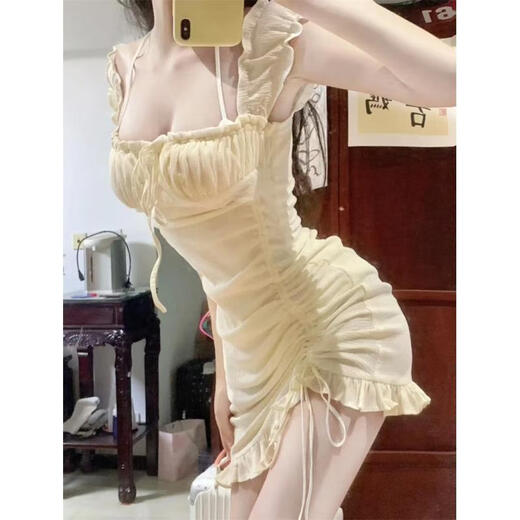 Sexy women's clothing and slim nightclub sexy dress bath massage short skirt dress technician work clothes as shown in the picture Apricot color S code (95 Jin [Jin equals 0.5 kg])
