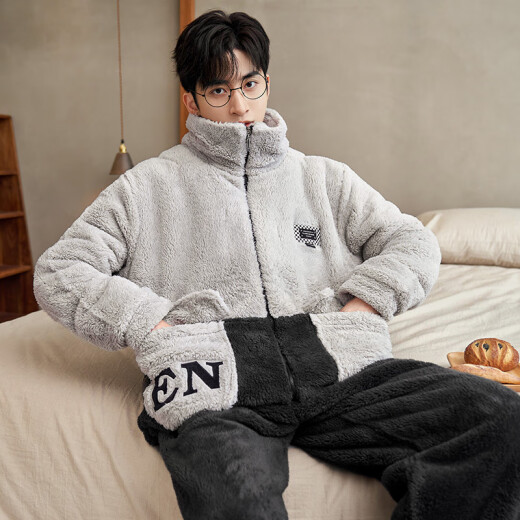 少年情话睡衣男珊瑚绒冬季加绒加厚男款大码棉袄青年保暖可外穿家居服套装 1349N浅灰+黑色 男L(100-135斤)