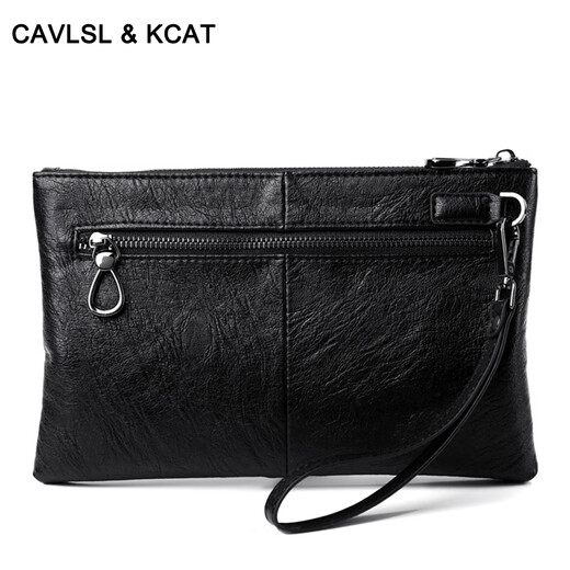 CavlslKcat men's handbag soft cowhide clutch men's business casual clip bag large capacity envelope bag simple fashion handbag black large size 9.7 inch 29*19*2cm
