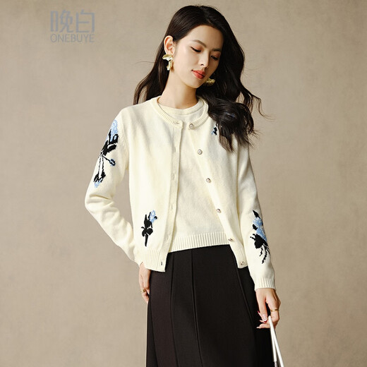 晚白2025年春款时尚简约休闲外套短款上衣气质含羊毛针织开衫女 米白色 M