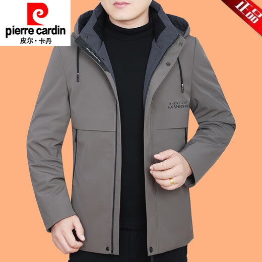 Pierre Cardin casual jacket for middle-aged men 2025 autumn and winter new hooded top daddy jacket new product 98563G gray cotton plus thick L 175 suitable for 115-135 Jin Jin equals 0.5 kg