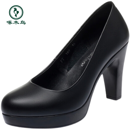 Woodpecker de cuero genuino de cuero redondeo modelo de zapato único Cheongsam Tisos altos de la plataforma impermeable para mujeres zapatos gruesos zapatos de cuero para mujeres negras (tacones de 7 cm) 34