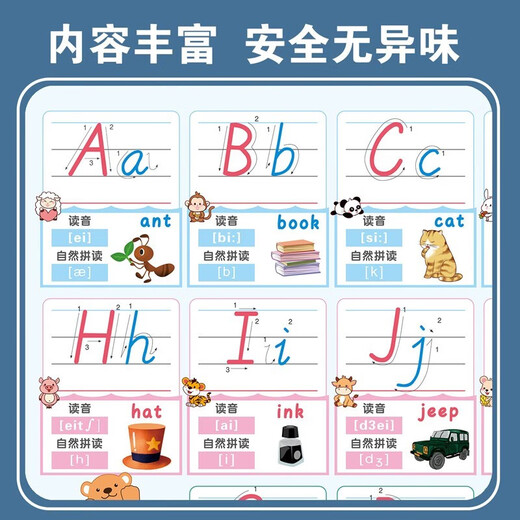 26个英文字母自然拼读发音儿童26个英语英文字母表24 挂图墙贴 DD-10小学生学习套装18张 小