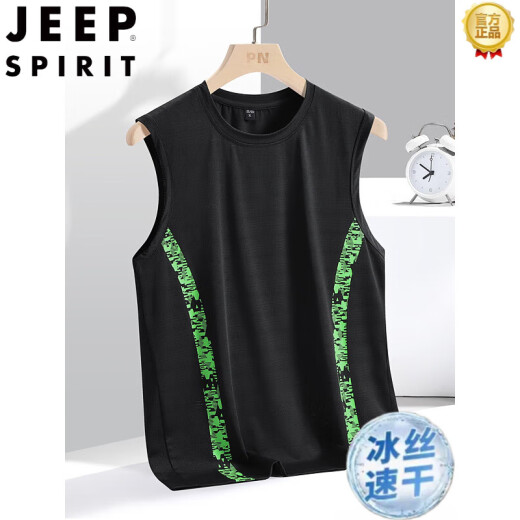 JEEP SPIRIT ice silk vest men's summer quick dry cut sleeve mesh sleeveless T-shirt large size men's loose hurdle sports top HMT-TX6627 black L