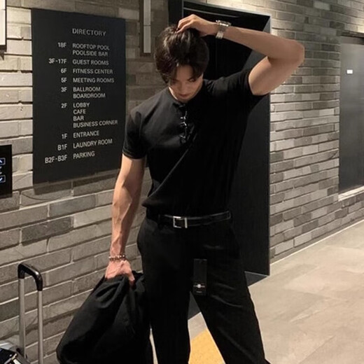 栗谱纯黑色正肩t恤男夏季韩版成熟硬汉风纯棉内搭短袖显肌肉健身男装 DT11-黑色 XL （建议125-140斤）