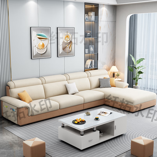 Fiber extension fabric sofa living room 2025 new modern simple straight solid wood frame chaise combination small and medium-sized apartment furniture four people + chaise 2.8 meters (comfortable version) (high density sponge bag) mercerized flannel/linen