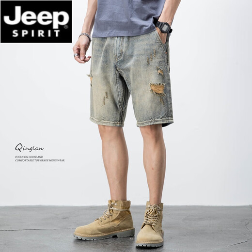 JEEP SPIRIT美式休闲复古乞丐破洞牛仔短裤男宽松潮流痞帅五分裤夏季薄款中裤 719蓝色 33 150-160斤