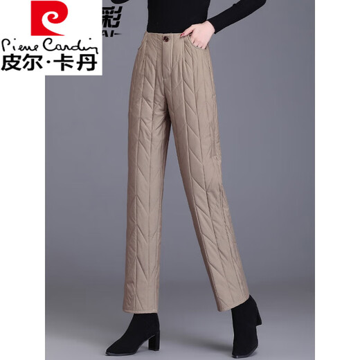 Pierre Cardin Middle-aged and Elderly Down Pants Women's Winter Outerwear Thickened Warm Cotton Pants 2025 New Mom Straight Casual Long Pants Khaki XL 115-125Jin Jin equals 0.5 kg