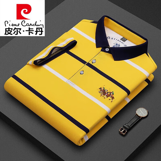 皮尔卡丹冰丝POLO衫翻领短袖t恤男士上衣时尚潮流品牌高端纯棉刺绣T恤衫 白色条纹【3882款】 M 48/170