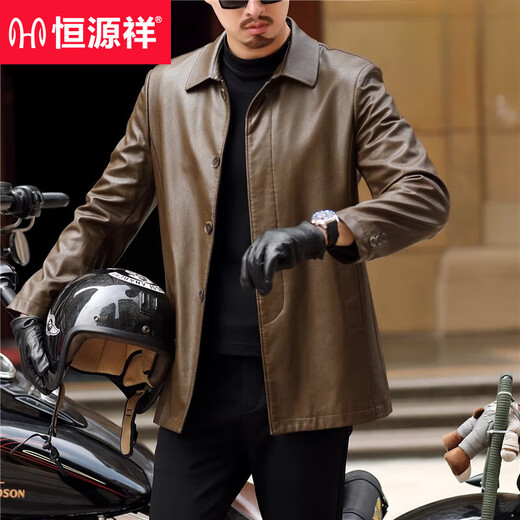 恒源祥海宁真皮皮衣男中年春秋新款商务休闲绵羊皮夹克中长款风衣爸爸装 浅棕色9907 侧兜 薄款 XL 180(150-165斤左右)