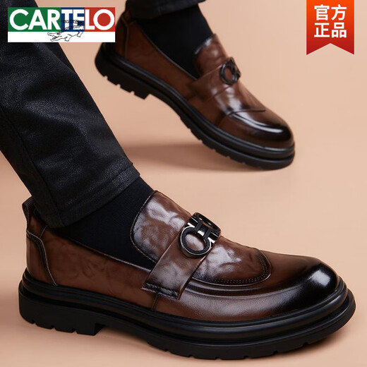 CARTELO Crocodile Loafers Men's Genuine Leather Breathable Thick-soled Beanie Casual Leather Shoes 2025 New Business Formal Slip-On Men's Shoes Black Does Not Increase 40
