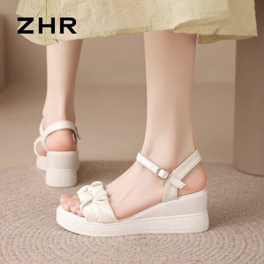 ZHR女鞋夏季凉鞋女外穿厚底坡跟女鞋简约一字带舒适凉鞋 ES29 米色35