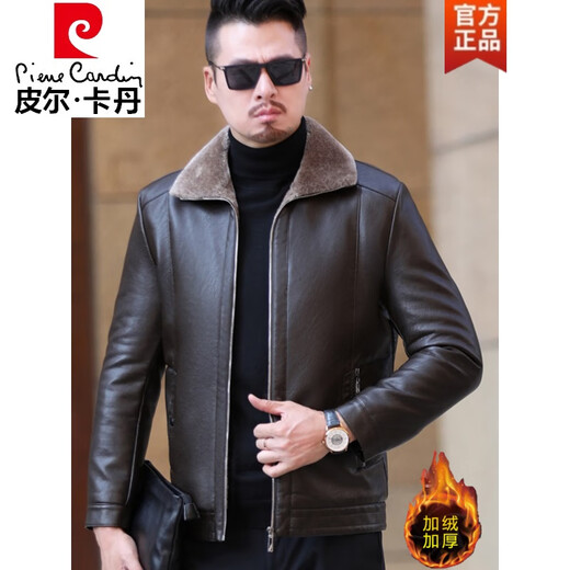 Pierre cardin Haining genuine leather leather jacket for men with velvet thickened fur one-piece jacket middle-aged daddy's suit sheepskin jacket large size A9221 brown size 170 (recommended 90-115 Jin [Jin equals 0.5 kg])