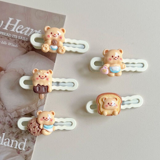 Qindu Cookie Bread Butter Bear Hairpin Cute Bangs Hair Accessories Headband Duckbill Girl Pink Cartoon Clip SN86 Value Set of 5 (1 each)