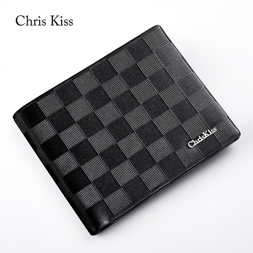 CHRIS KISS男士钱包男真皮短款皮夹时尚钱夹高档实用生日礼物送男友老公爸爸 格纹/专柜礼盒/头层牛皮